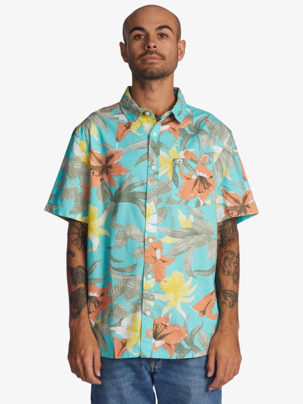 Angel Blue Garden Path Quiksilver Garden Path Short Sleeve Men's Shirts | 157029IGL