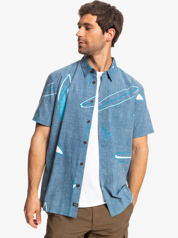 Ensign Blue Boardswap Quiksilver Waterman Board Swap Short Sleeve Men's Shirts | 906428TEW