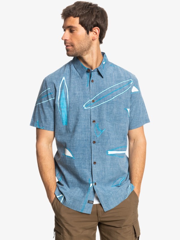 Ensign Blue Boardswap Quiksilver Waterman Board Swap Short Sleeve Men's Shirts | 906428TEW