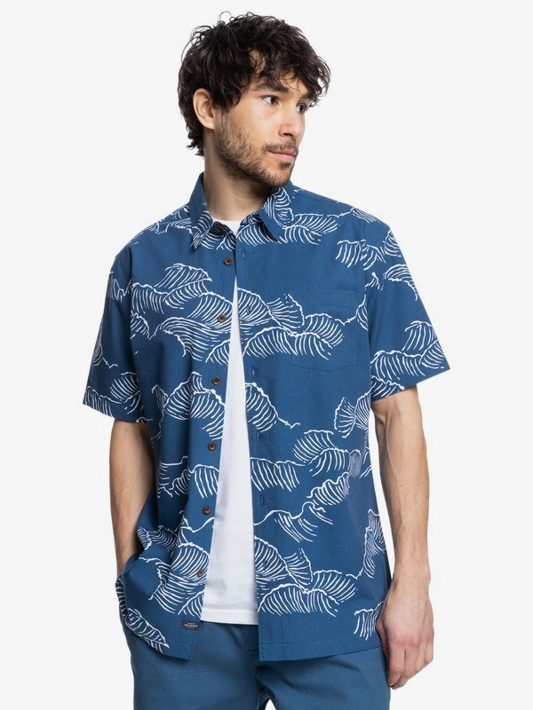 Ensign Blue Ocean Sized Quiksilver Waterman Ocean Sized Short Sleeve Men's Shirts | 061439ZNV